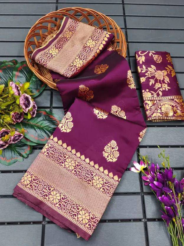A TO Z CART Silk Blend Solid Saree With Unstitched Blouse Piece ( Purple ) A TO Z CART Silk Blend Solid Saree With Unstitched Blouse Piece ( Purple )