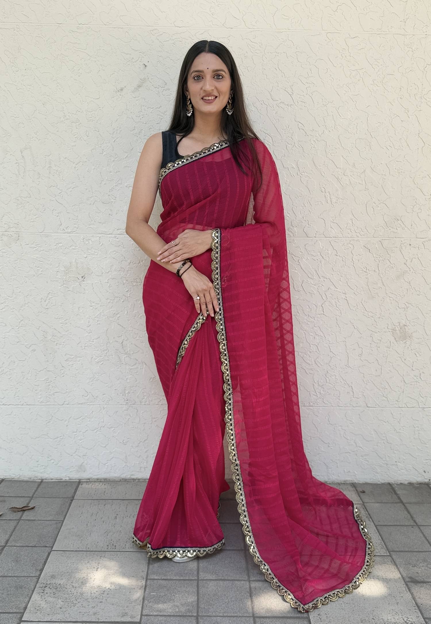 Aika Chiffon Striped Saree With Unstitched Blouse Piece ( Rani ) Aika Chiffon Striped Saree With Unstitched Blouse Piece ( Rani )