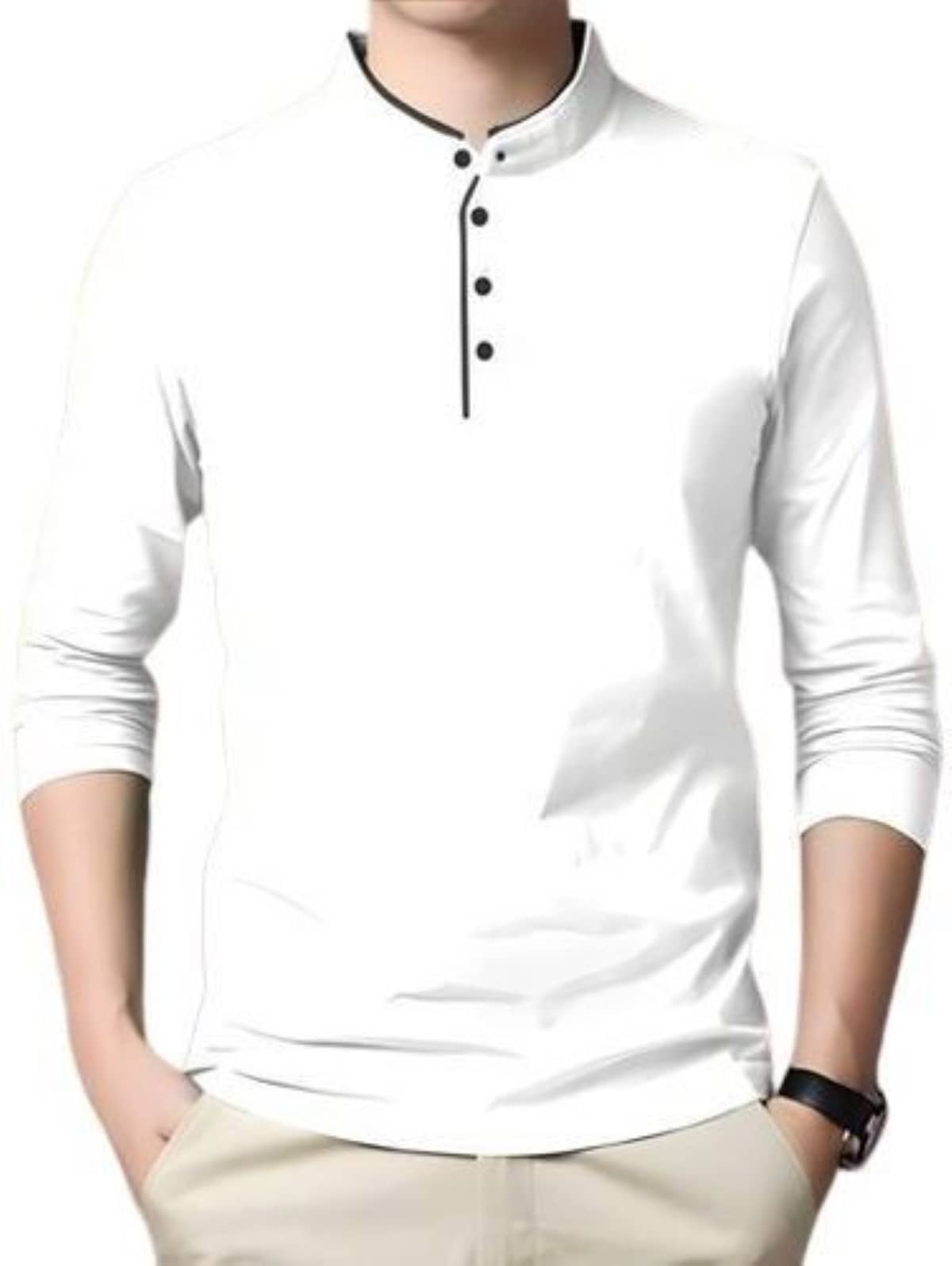 Alexender Cotton Blend Regular Fit Solid Full Sleeves Men's Mandarin Collar T-Shirt - White ( Pack of 1 )