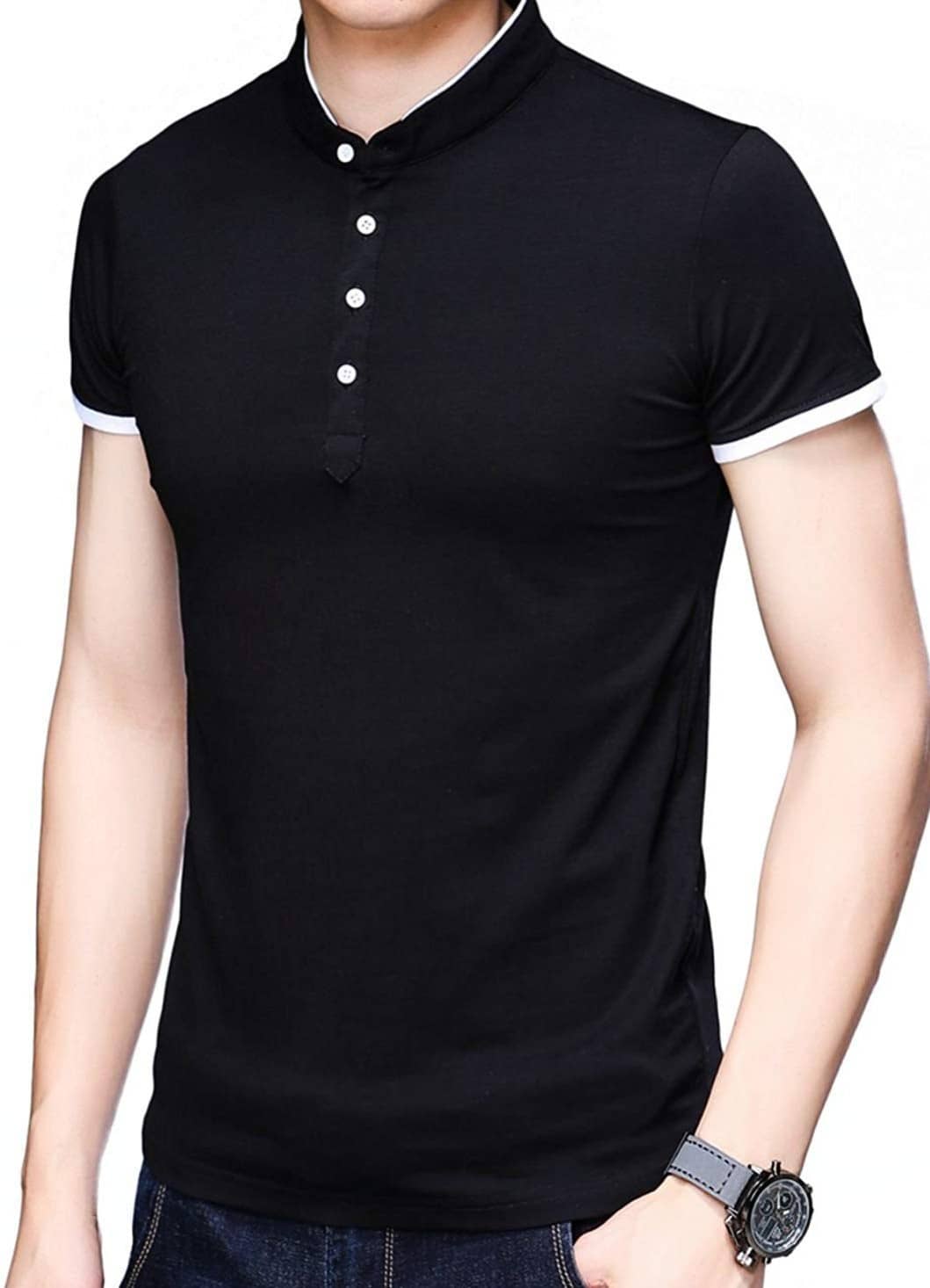 Alexender Cotton Blend Regular Fit Solid Half Sleeves Men's Mandarin Collar T-Shirt - Black ( Pack of 1 )