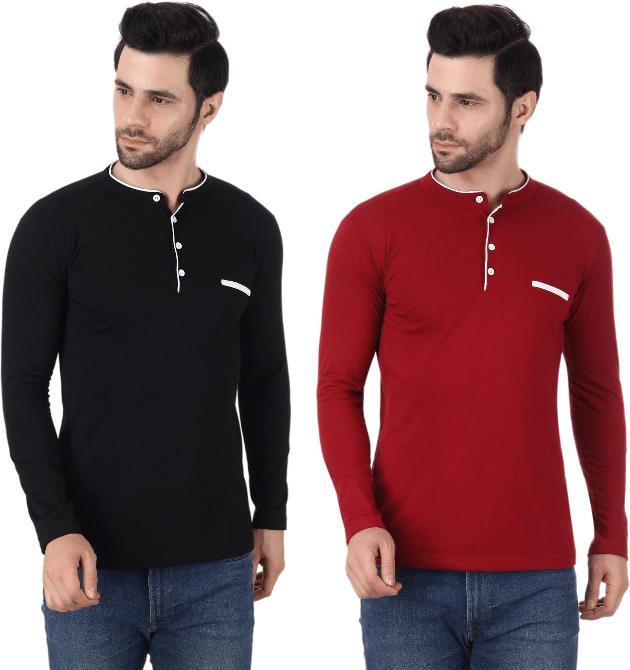 Alexender Cotton Blend Regular Fit Solid Full Sleeves Men's Mandarin Collar T-Shirt - Multicolor ( Pack of 2 ) Alexender Cotton Blend Regular Fit Solid Full Sleeves Men's Mandarin Collar T-Shirt - Multicolor ( Pack of 2 )