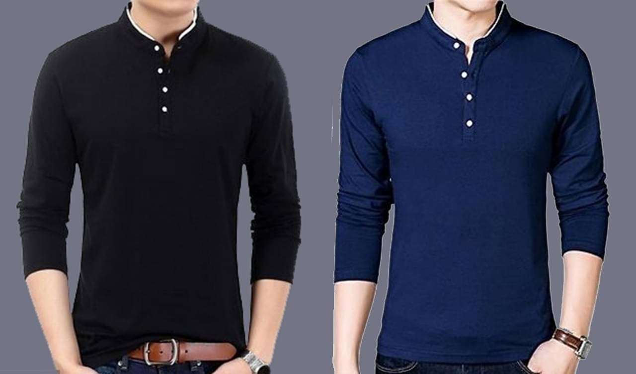     			Alexender Cotton Blend Regular Fit Solid Full Sleeves Men's Mandarin Collar T-Shirt - Multicolor ( Pack of 2 )