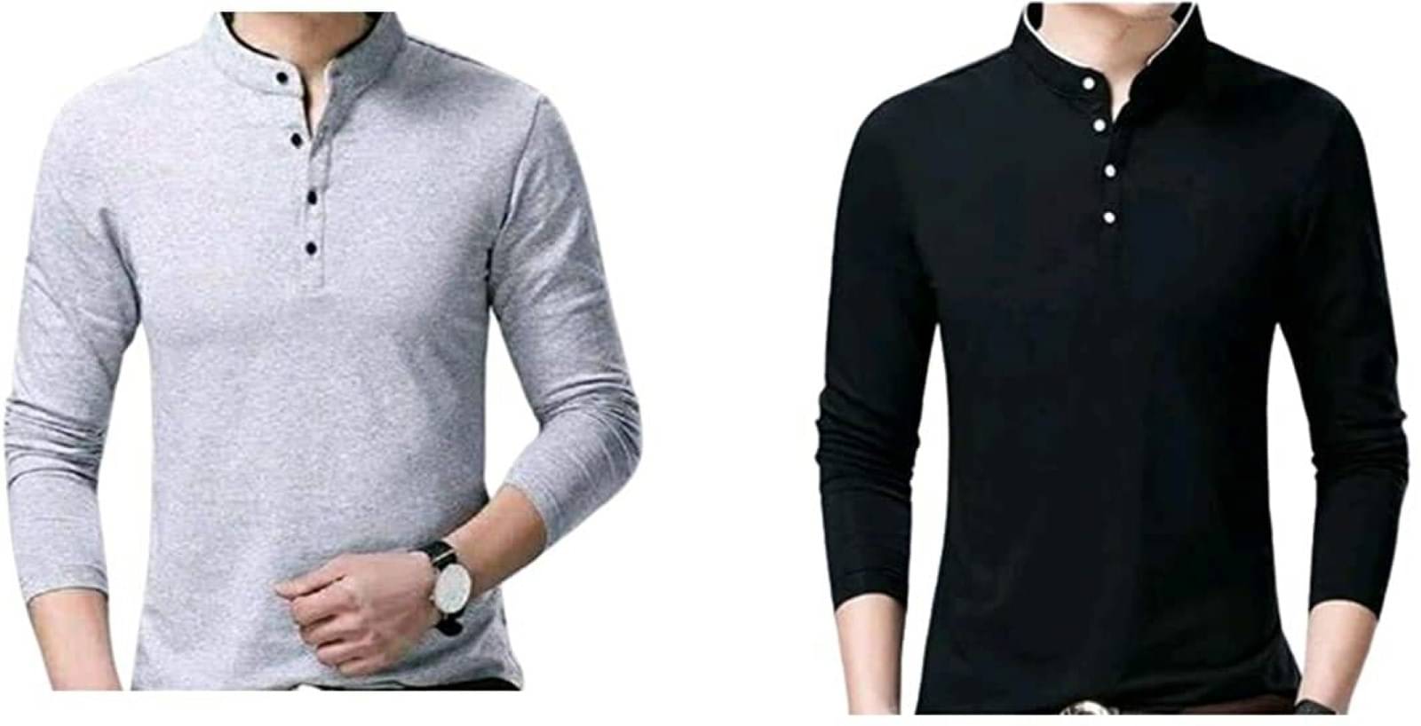     			Alexender Cotton Blend Regular Fit Solid Full Sleeves Men's Mandarin Collar T-Shirt - Multicolor ( Pack of 2 )