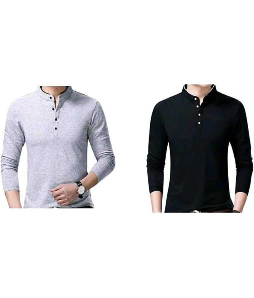 Alexender Cotton Blend Regular Fit Solid Full Sleeves Men's Mandarin Collar T-Shirt - Multicolor ( Pack of 2 )