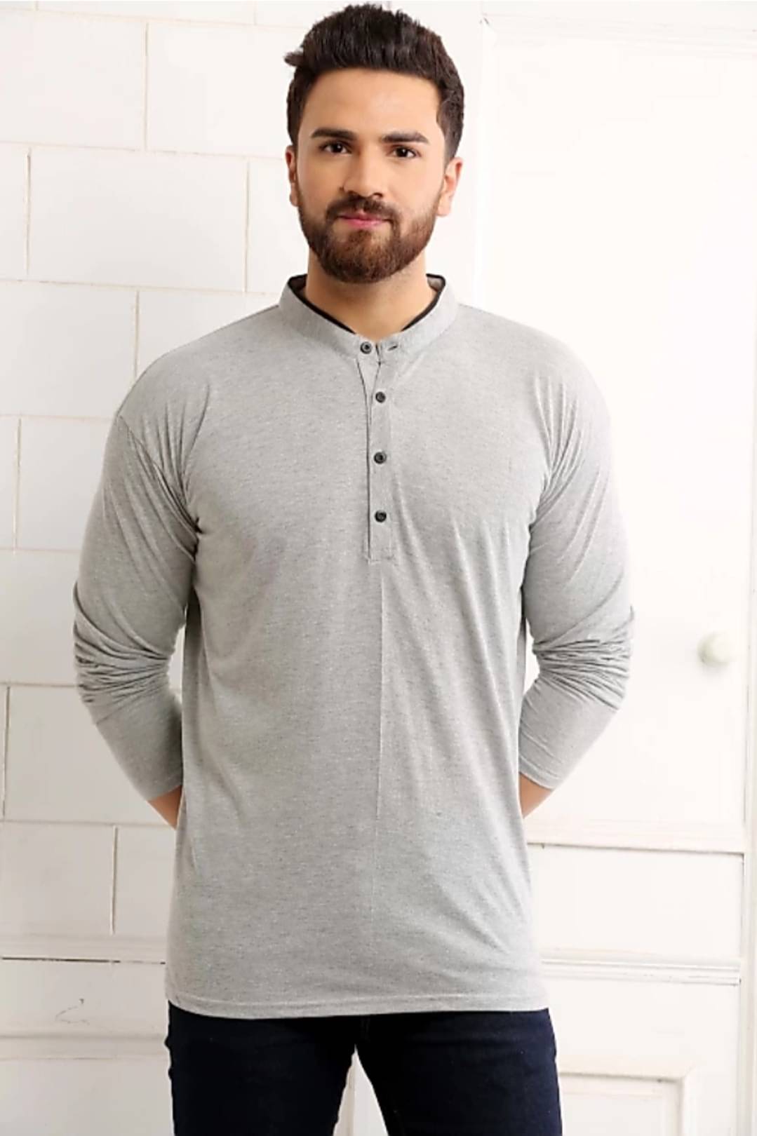 Alexender Cotton Blend Regular Fit Solid Full Sleeves Men's Mandarin Collar T-Shirt - Grey ( Pack of 1 ) Alexender Cotton Blend Regular Fit Solid Full Sleeves Men's Mandarin Collar T-Shirt - Grey ( Pack of 1 )