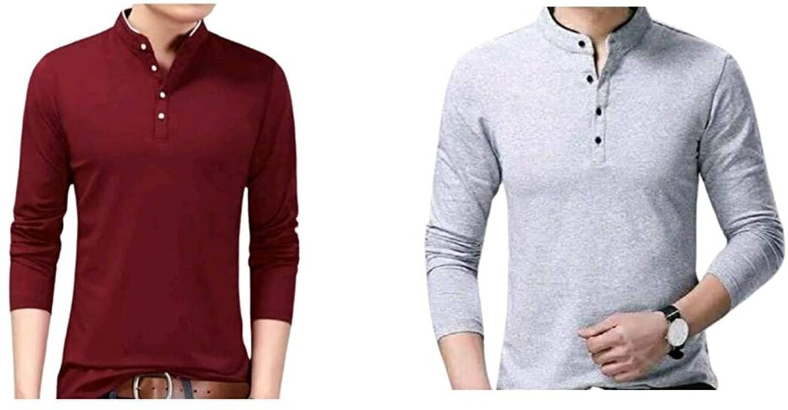 Alexender Cotton Blend Regular Fit Solid Full Sleeves Men's Mandarin Collar T-Shirt - Multicolor ( Pack of 2 ) Alexender Cotton Blend Regular Fit Solid Full Sleeves Men's Mandarin Collar T-Shirt - Multicolor ( Pack of 2 )