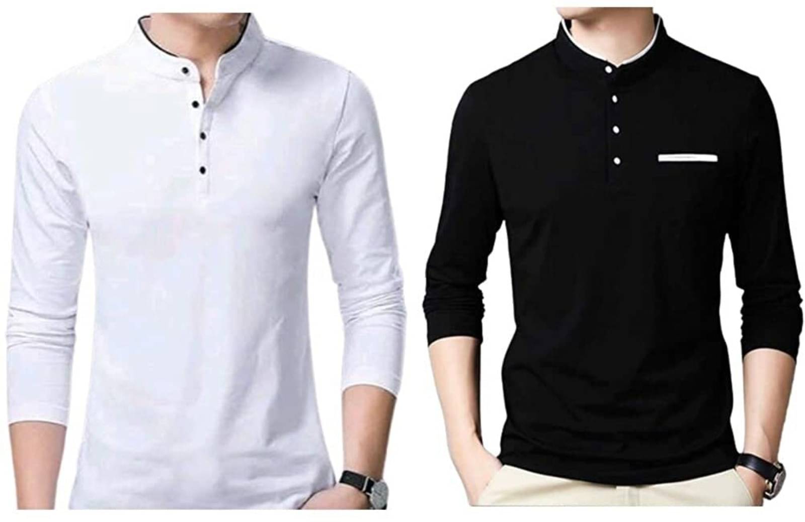 Alexender Cotton Blend Regular Fit Solid Full Sleeves Men's Mandarin Collar T-Shirt - Multicolor ( Pack of 2 ) Alexender Cotton Blend Regular Fit Solid Full Sleeves Men's Mandarin Collar T-Shirt - Multicolor ( Pack of 2 )