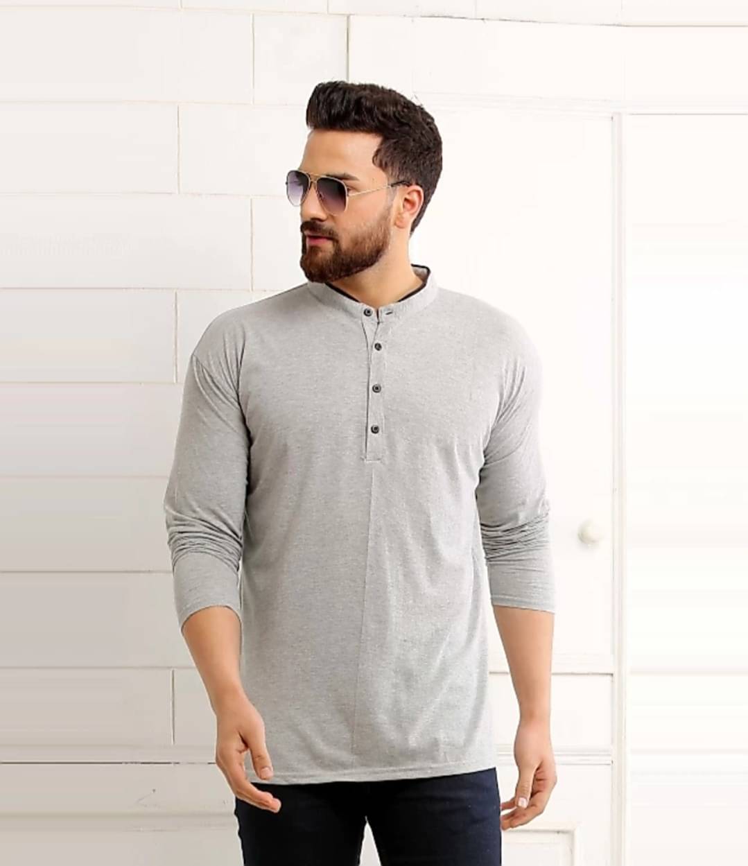 Alexender Cotton Blend Regular Fit Solid Full Sleeves Men's Mandarin Collar T-Shirt - Grey ( Pack of 1 ) Alexender Cotton Blend Regular Fit Solid Full Sleeves Men's Mandarin Collar T-Shirt - Grey ( Pack of 1 )