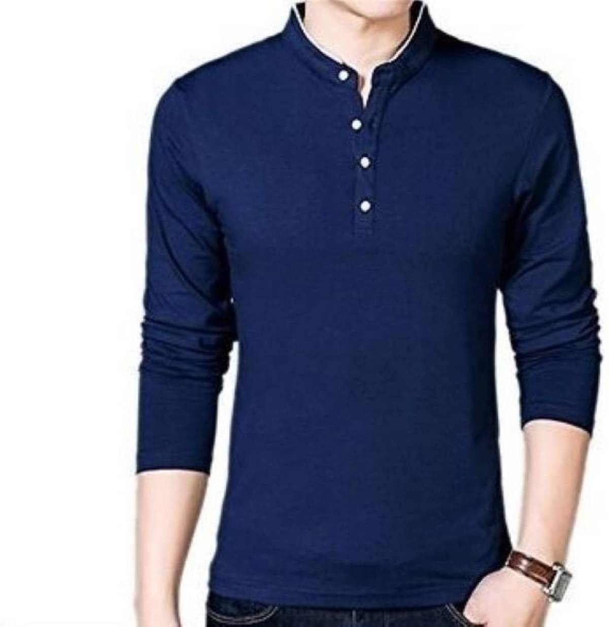 Alexender Cotton Blend Regular Fit Solid Full Sleeves Men's Mandarin Collar T-Shirt - Blue ( Pack of 1 ) Alexender Cotton Blend Regular Fit Solid Full Sleeves Men's Mandarin Collar T-Shirt - Blue ( Pack of 1 )
