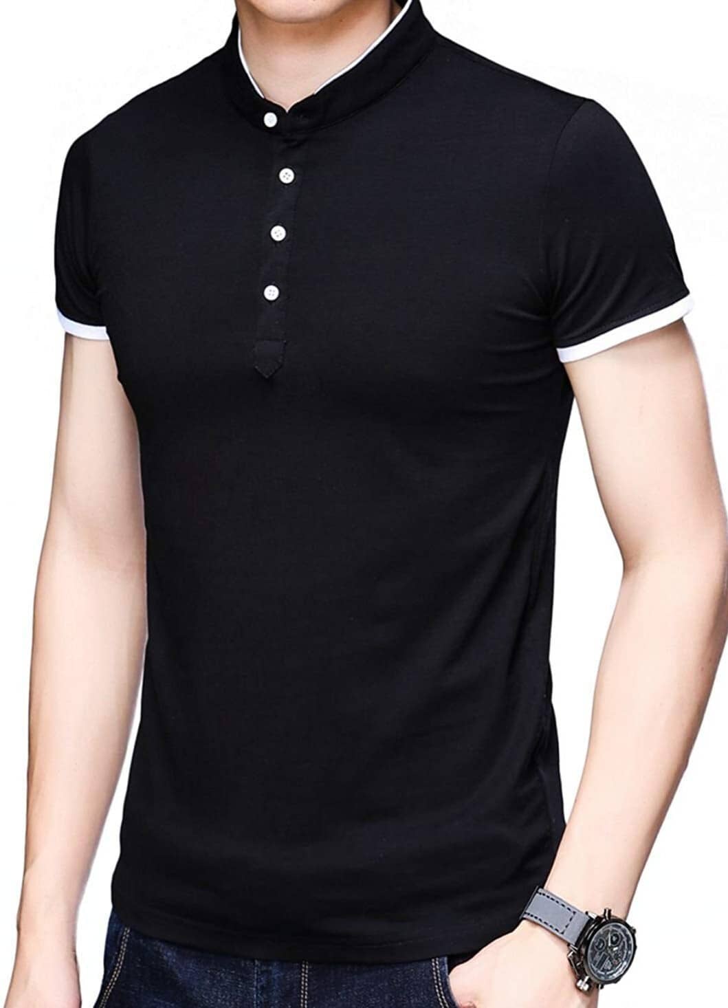 Alexender Cotton Blend Regular Fit Solid Half Sleeves Men's Mandarin Collar T-Shirt - Black ( Pack of 1 )