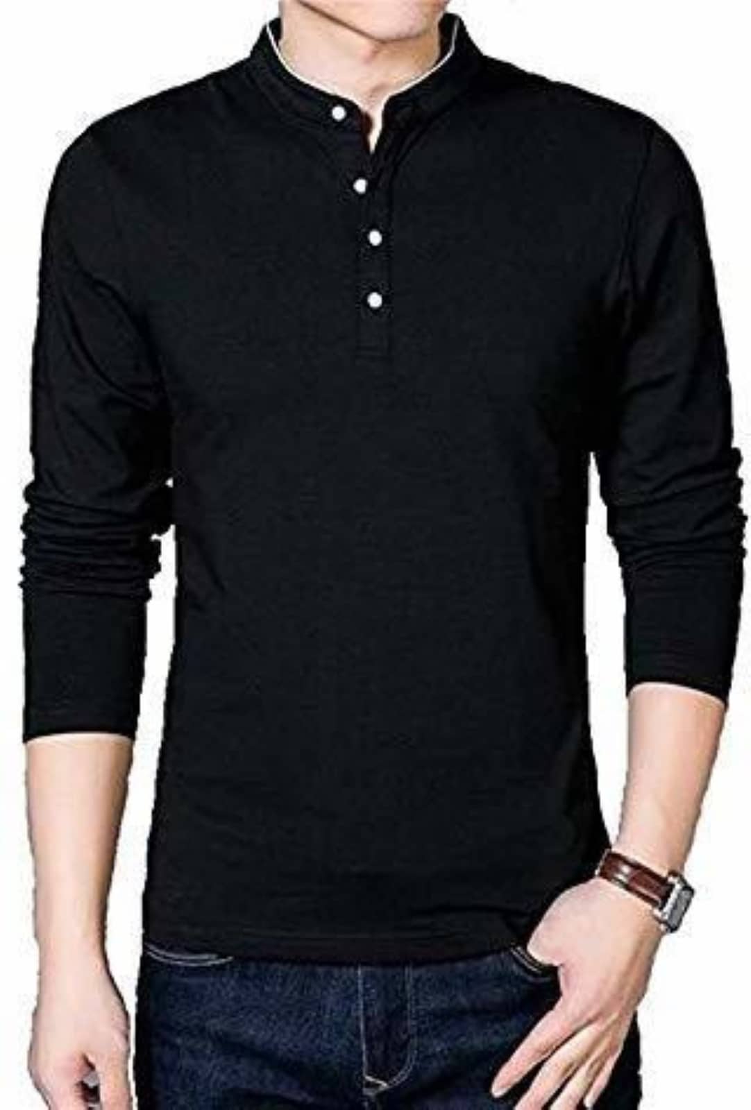 Alexender Cotton Blend Regular Fit Solid Half Sleeves Men's Mandarin Collar T-Shirt - Black ( Pack of 1 )