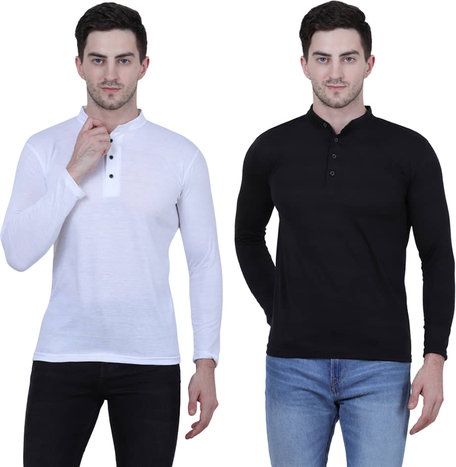 Alexender Cotton Blend Slim Fit Solid Full Sleeves Men's Mandarin Collar T-Shirt - Multicolor ( Pack of 2 )