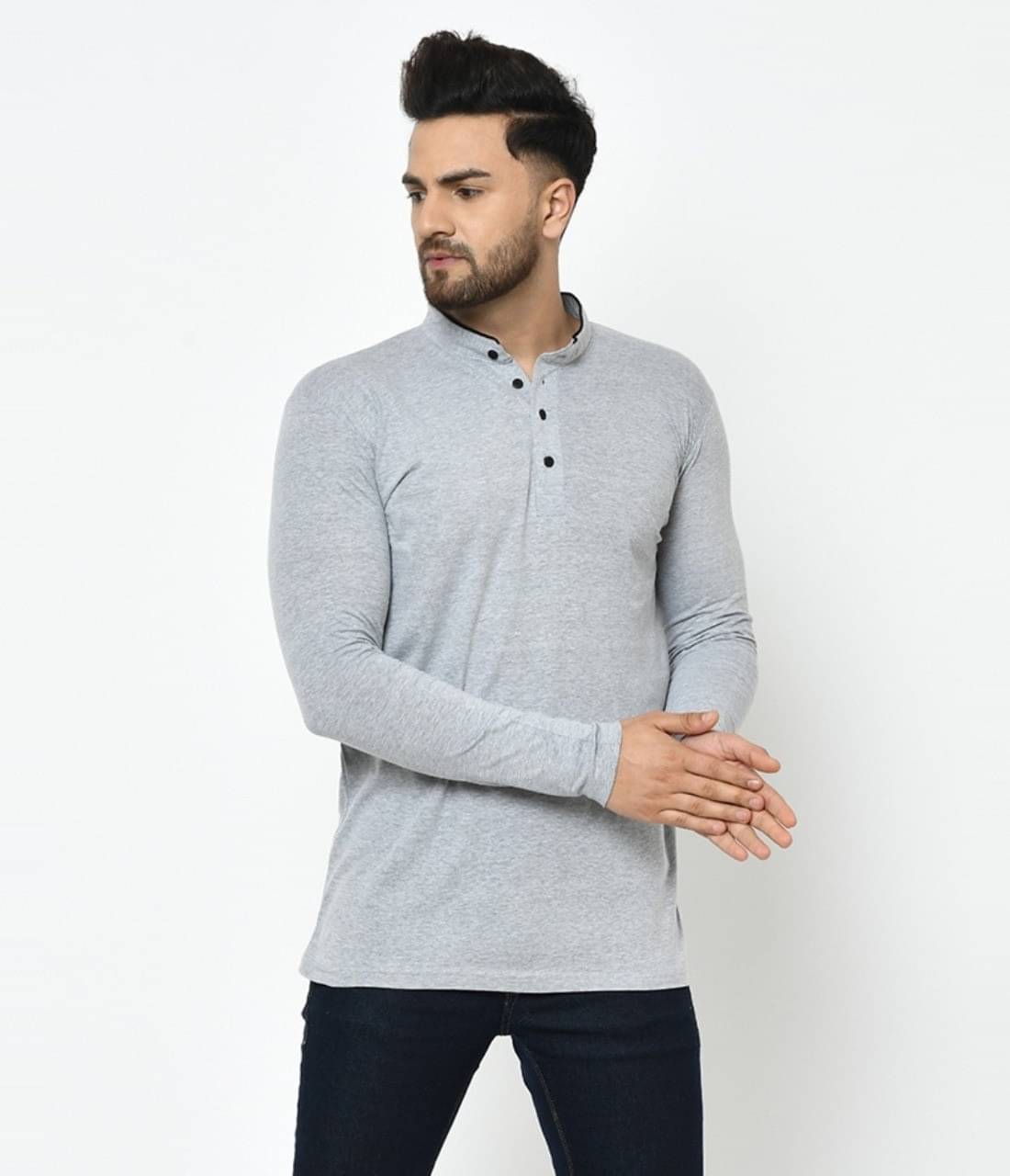     			Alexender Cotton Blend Slim Fit Self Design Full Sleeves Men's Mandarin Collar T-Shirt - Grey ( Pack of 1 )