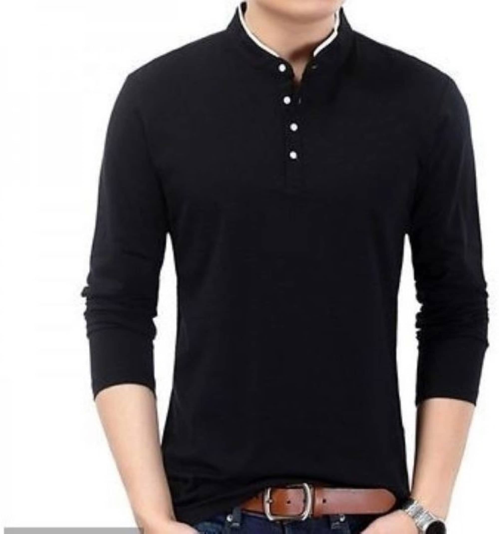 Alexender Cotton Regular Fit Solid Full Sleeves Men's Mandarin Collar T-Shirt - Black ( Pack of 1 )