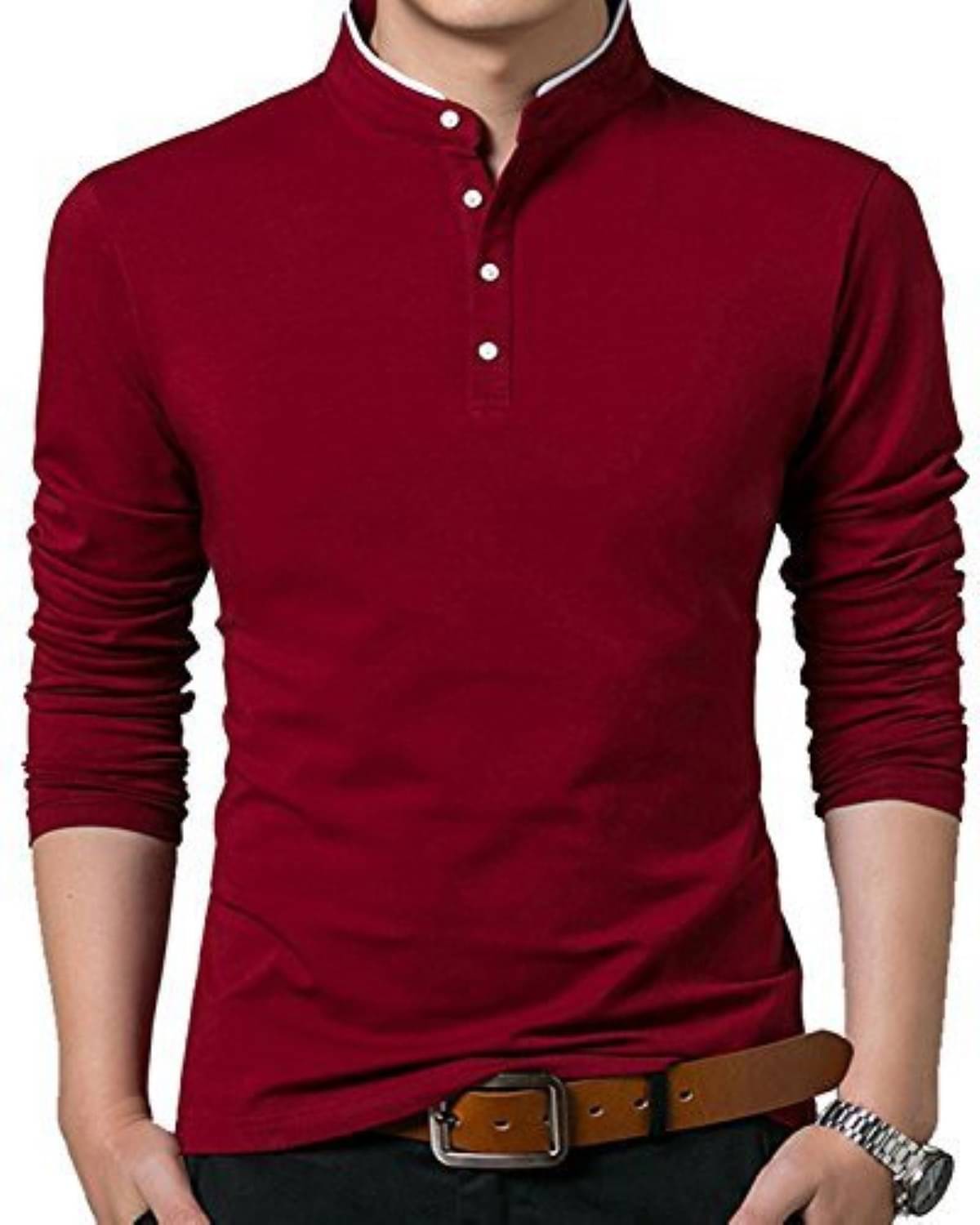     			Alexender Cotton Regular Fit Solid Full Sleeves Men's Mandarin Collar T-Shirt - Maroon ( Pack of 1 )