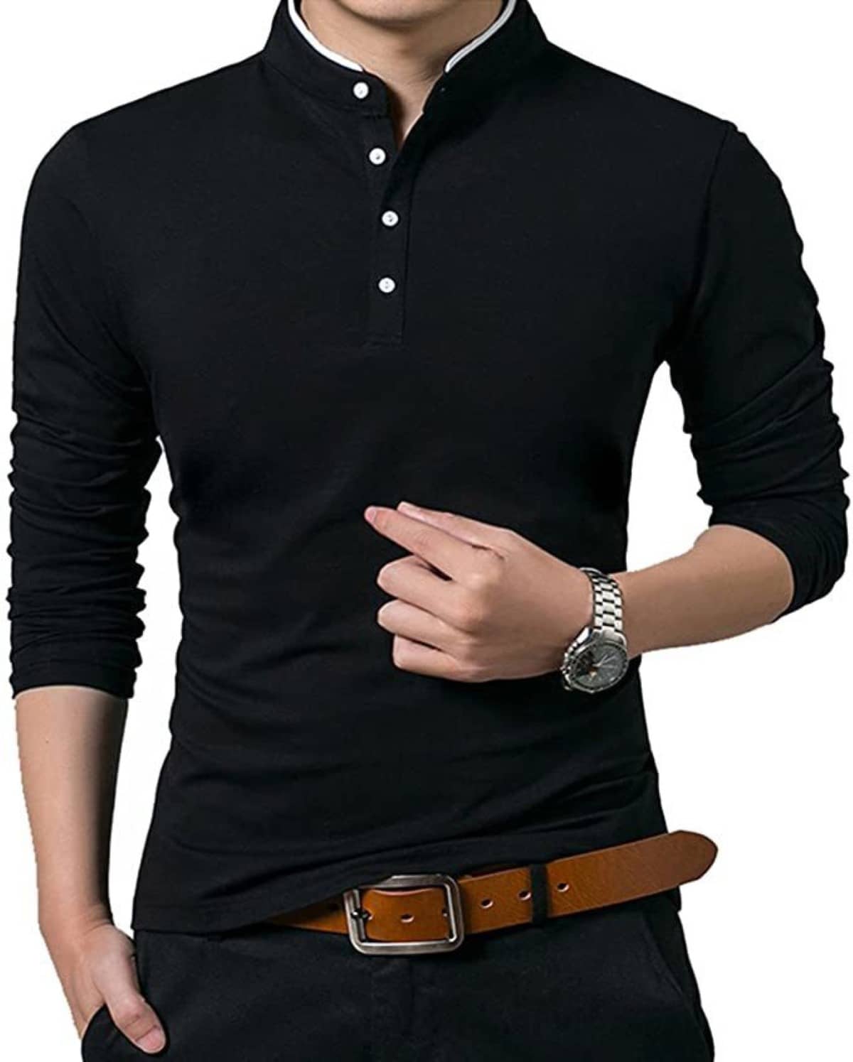 Alexender Cotton Regular Fit Solid Full Sleeves Men's Mandarin Collar T-Shirt - Black ( Pack of 1 )