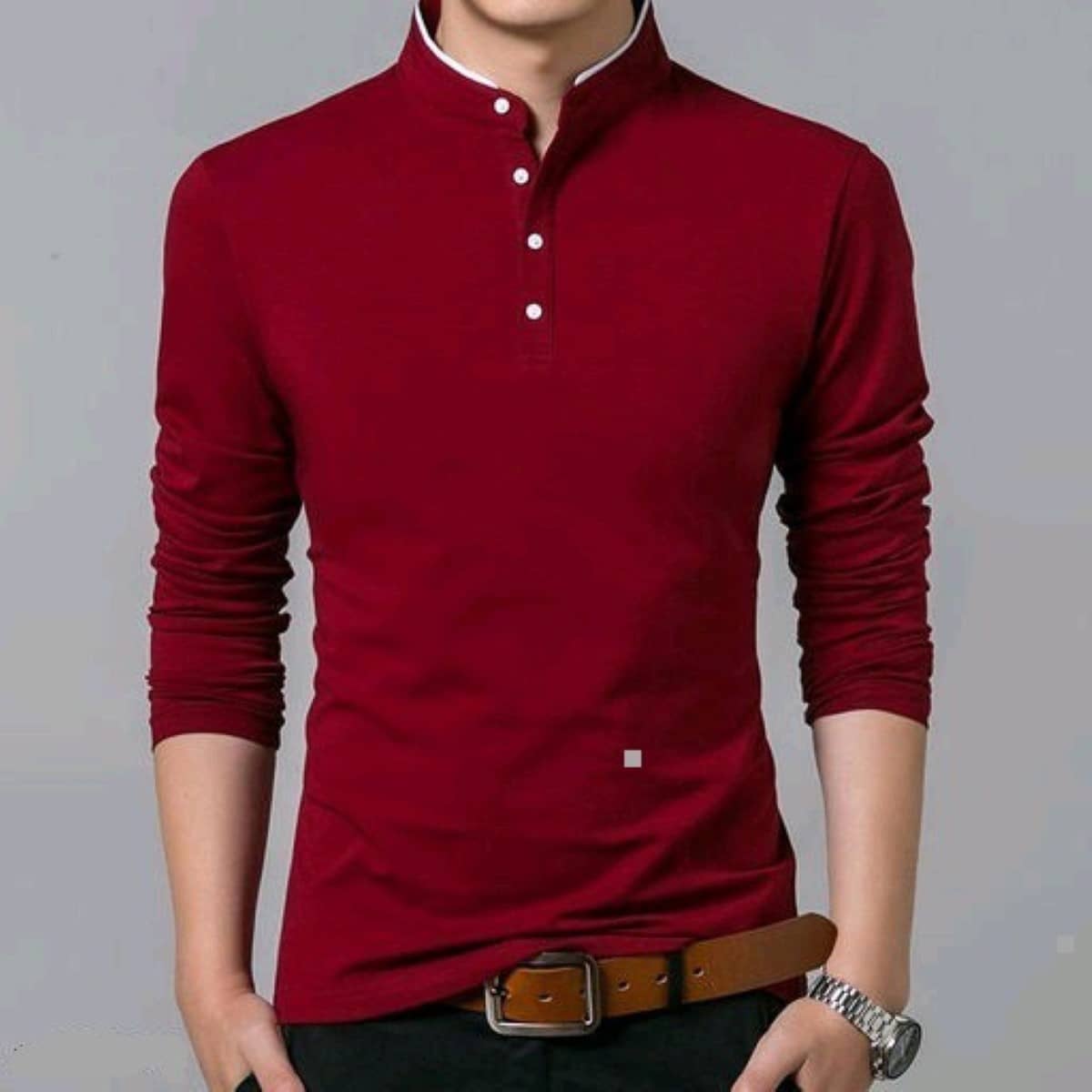 Alexender Cotton Regular Fit Solid Full Sleeves Men's Mandarin Collar T-Shirt - Red ( Pack of 1 )