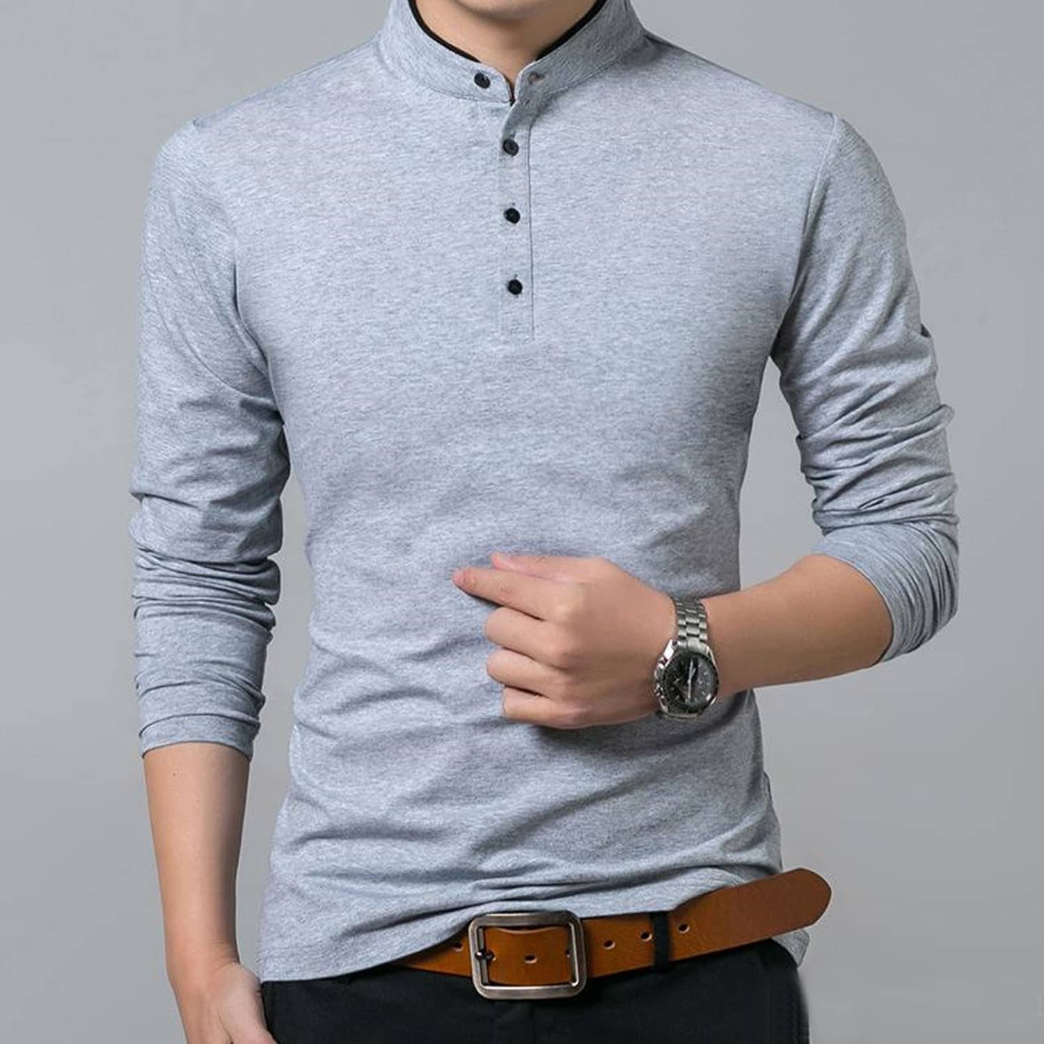 Alexender Cotton Regular Fit Solid Full Sleeves Men's Mandarin Collar T-Shirt - Grey ( Pack of 1 )
