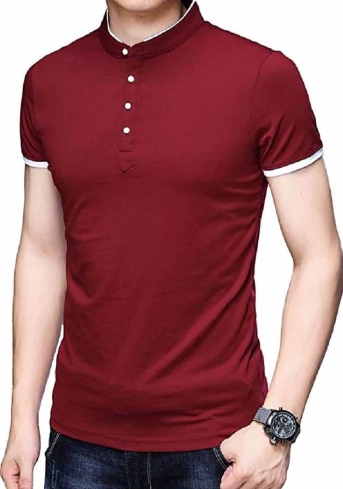 Alexender Cotton Regular Fit Solid Half Sleeves Men's Mandarin Collar T-Shirt - Maroon ( Pack of 1 )