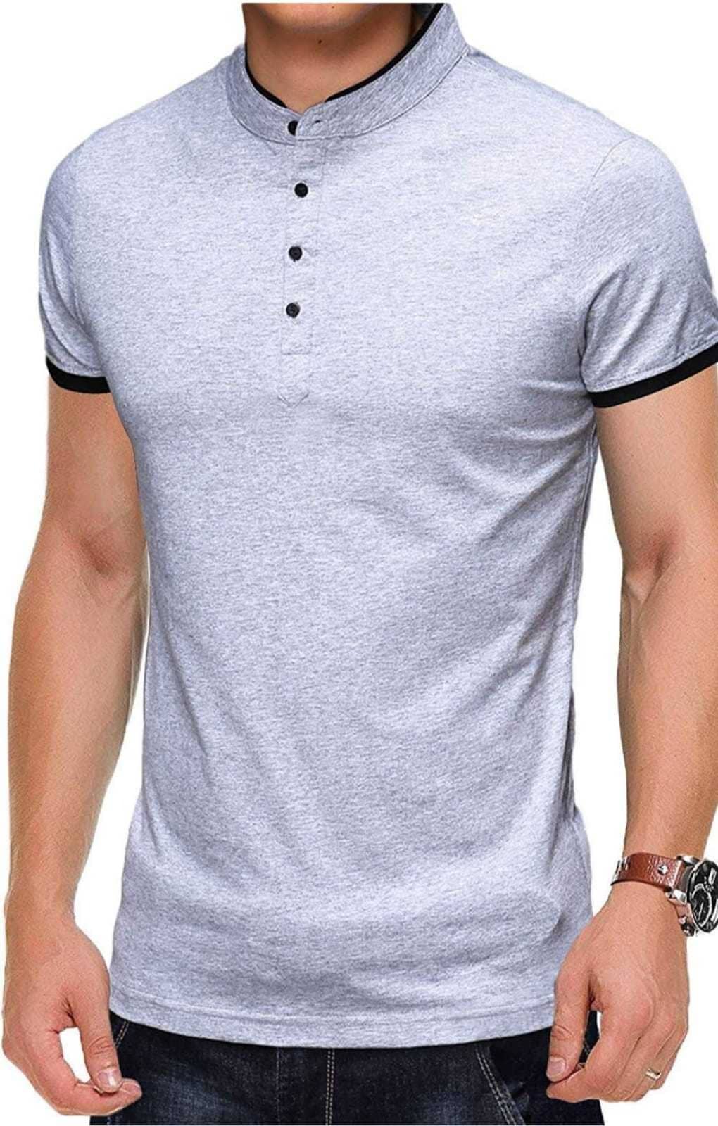 Alexender Cotton Regular Fit Solid Half Sleeves Men's Mandarin Collar T-Shirt - Grey ( Pack of 1 )