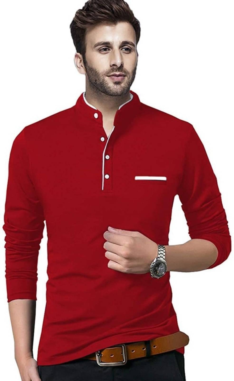 Alexender Cotton Regular Fit Solid Full Sleeves Men's Mandarin Collar T-Shirt - Red ( Pack of 1 ) Alexender Cotton Regular Fit Solid Full Sleeves Men's Mandarin Collar T-Shirt - Red ( Pack of 1 )
