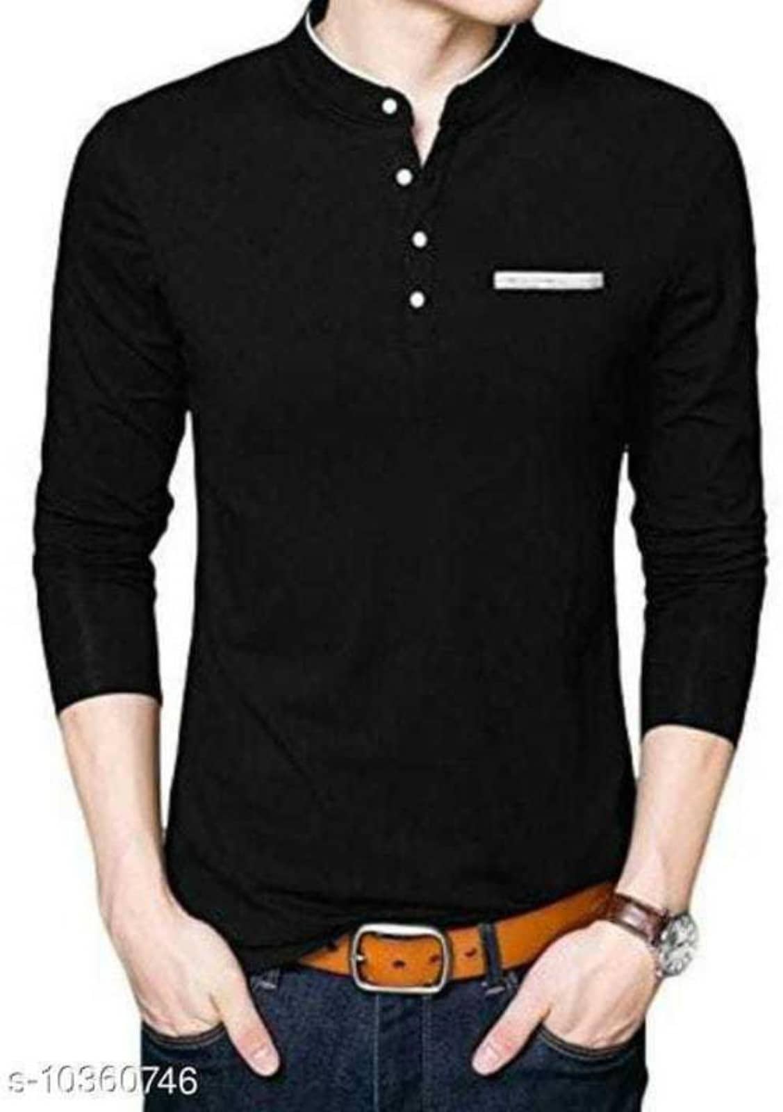 Alexender Cotton Regular Fit Solid 3/4th Sleeves Men's Mandarin Collar T-Shirt - Black ( Pack of 1 )