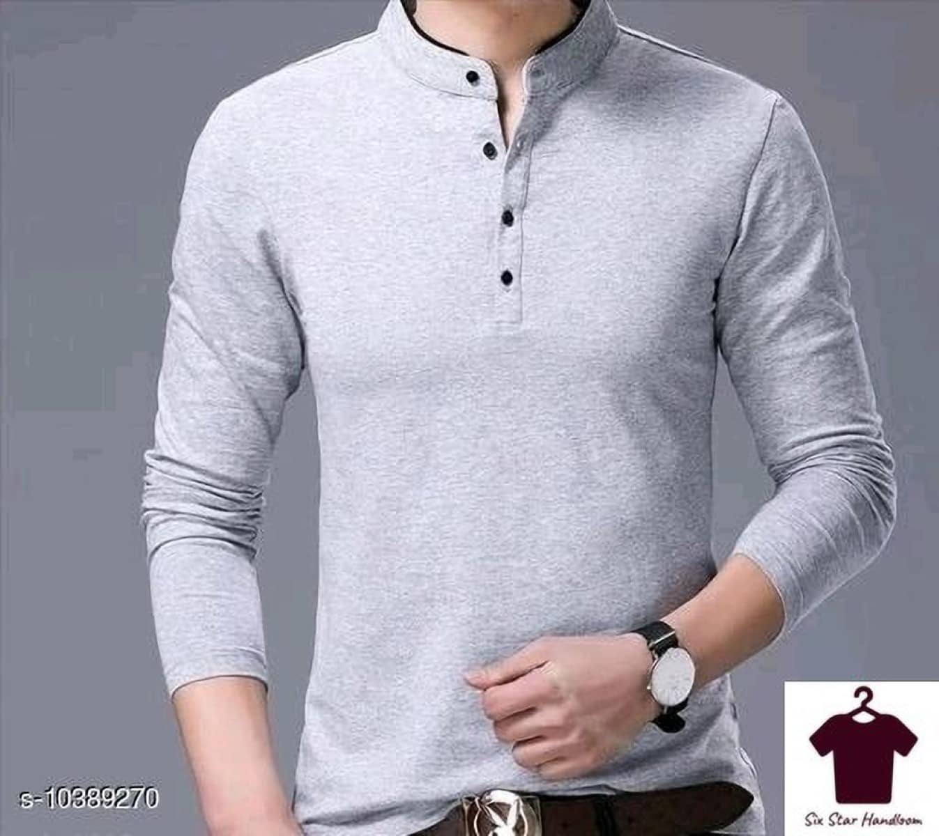 Alexender Cotton Regular Fit Solid Full Sleeves Men's Mandarin Collar T-Shirt - Grey ( Pack of 1 )