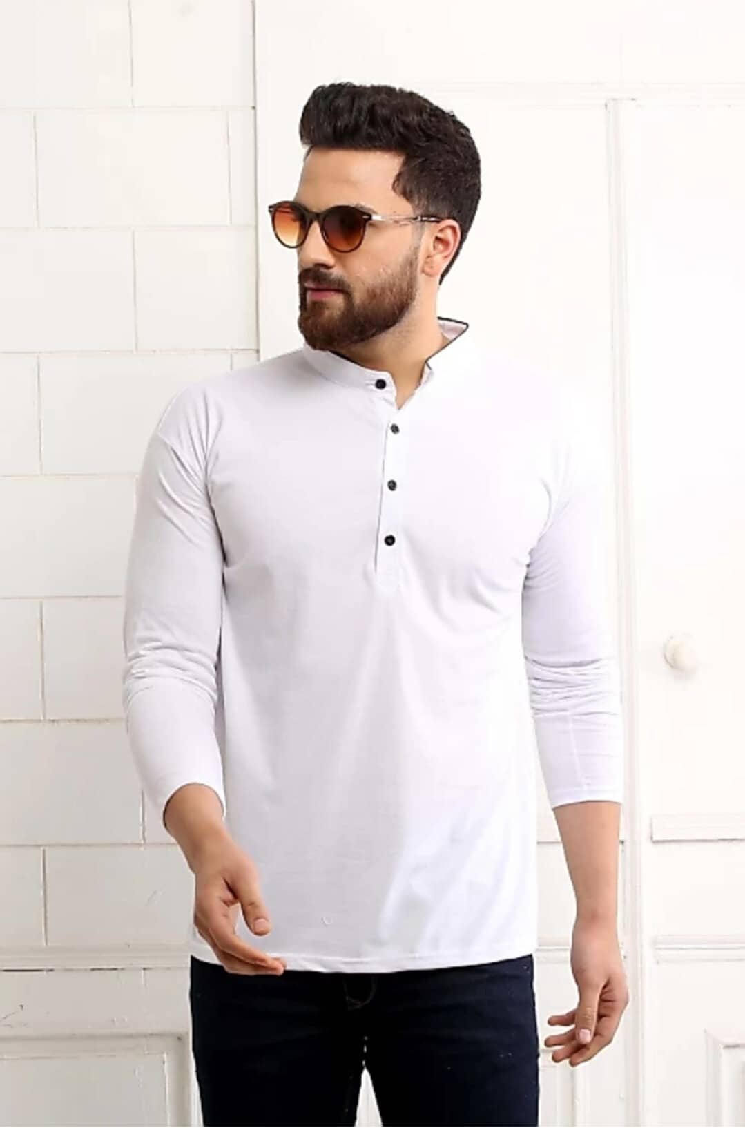 Alexender Cotton Regular Fit Solid Full Sleeves Men's Mandarin Collar T-Shirt - White ( Pack of 1 )