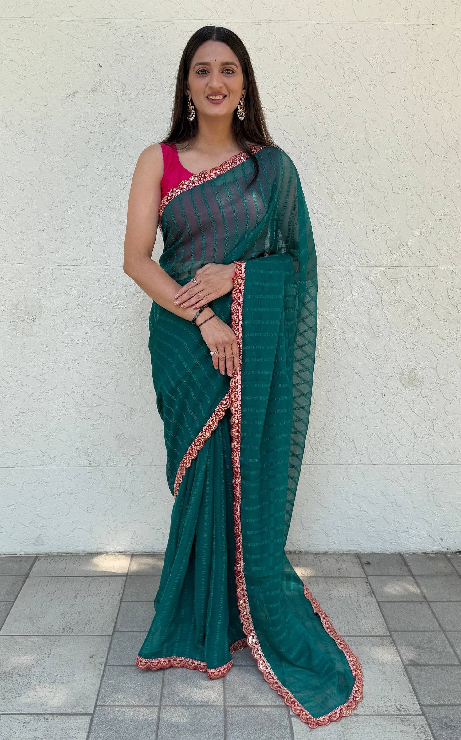 Apnisha Chiffon Striped Saree With Unstitched Blouse Piece ( Rama ) Apnisha Chiffon Striped Saree With Unstitched Blouse Piece ( Rama )