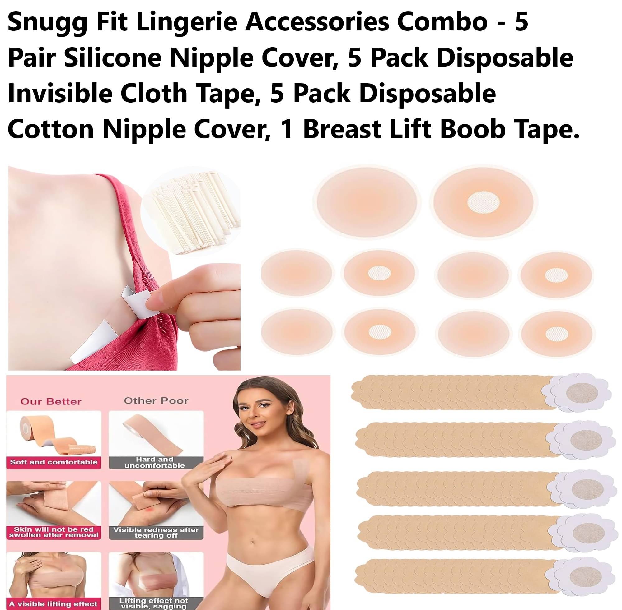 Best Quality Cheapest Combo - Breast Lift Boob Tape (1), Flix 10 Times Reusable Silicone Nipple Cover (5 Pair), Disposable Cotton Nipple Cover (5 Packs) & Double Side Invisible Fashion Body Tape (5 Packs) Best Quality Cheapest Combo - Breast Lift Boob Tape (1), Flix 10 Times Reusable Silicone Nipple Cover (5 Pair), Disposable Cotton Nipple Cover (5 Packs) & Double Side Invisible Fashion Body Tape (5 Packs)