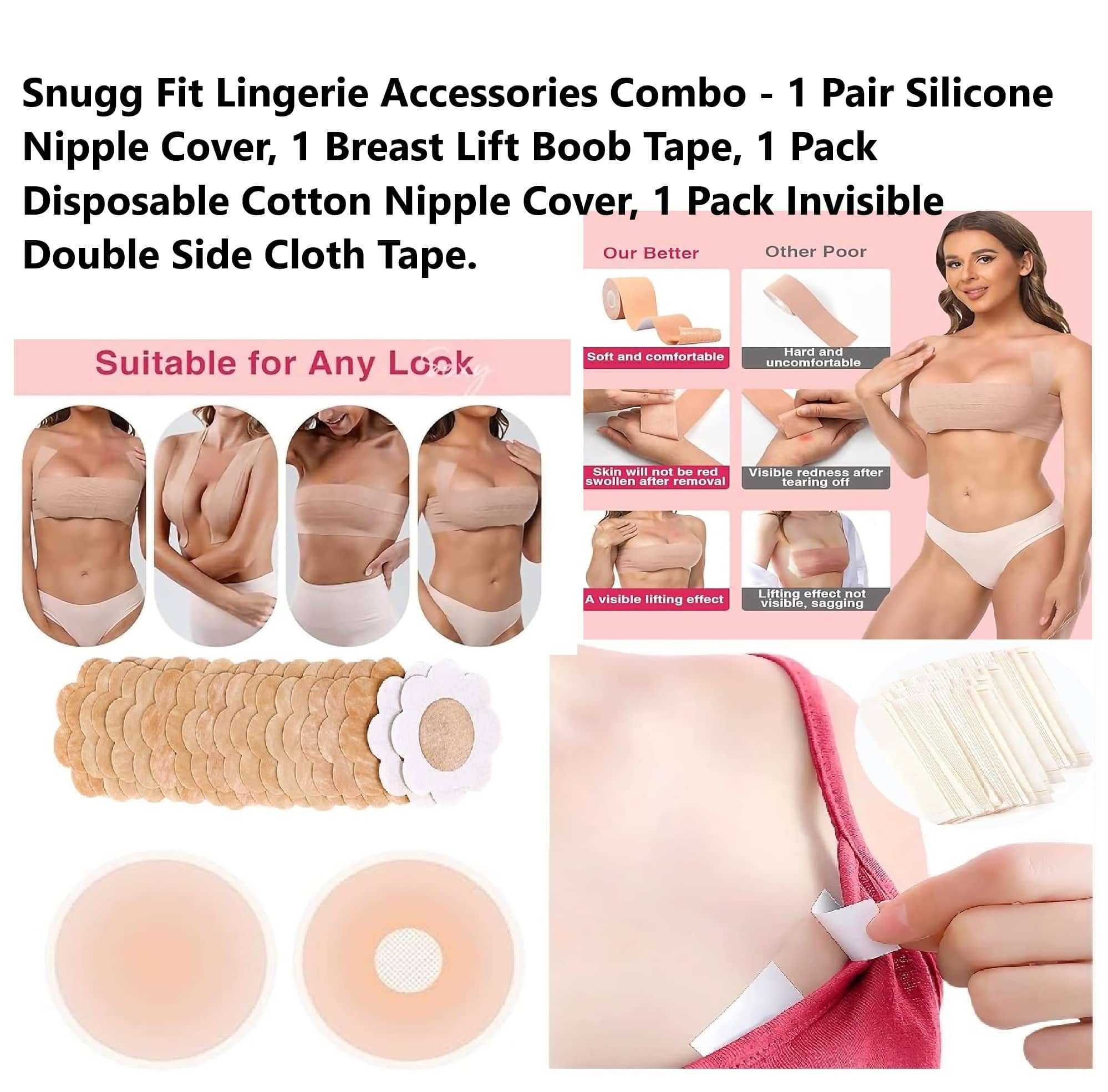 Best Quality Cheapest Combo - Breast Lift Boob Tape, Flix 10 Times Reusable Silicone Nipple Cover, Disposable Cotton Nipple Cover & Double Side Invisible Fashion Body Tape - 1 Pack Each Item