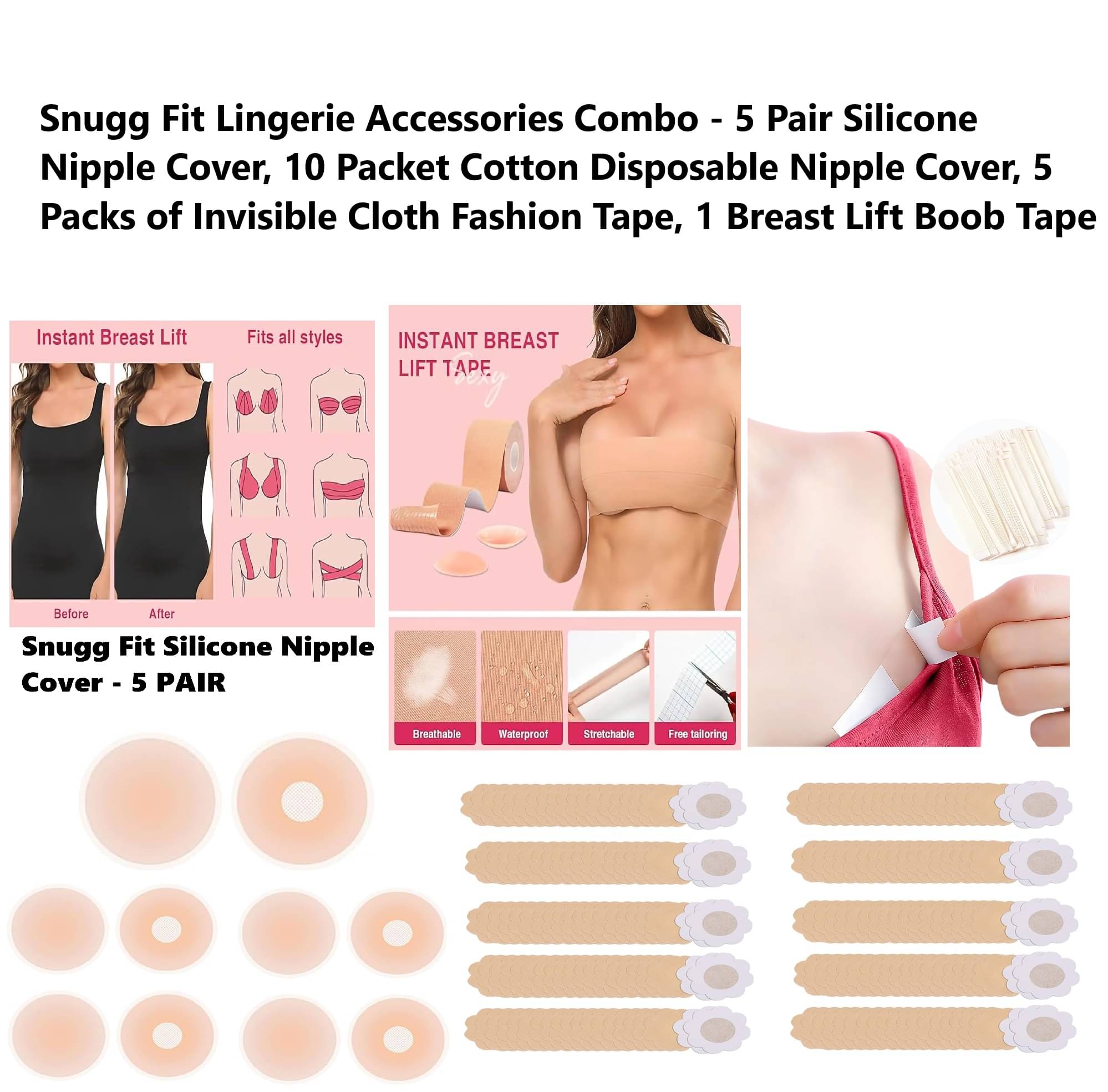 Best Quality Cheapest Combo - Breast Lift Boob Tape (2), Flix 10 Times Reusable Silicone Nipple Cover (5 Pair), Disposable Cotton Nipple Cover (10 Packs) & Double Side Invisible Fashion Body Tape (5 Packs) Best Quality Cheapest Combo - Breast Lift Boob Tape (2), Flix 10 Times Reusable Silicone Nipple Cover (5 Pair), Disposable Cotton Nipple Cover (10 Packs) & Double Side Invisible Fashion Body Tape (5 Packs)