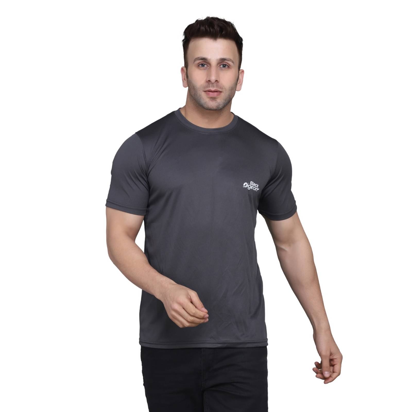     			Black Pigeon Polyester Regular Fit Solid Half Sleeves Men's Round T-Shirt - Grey ( Pack of 1 )