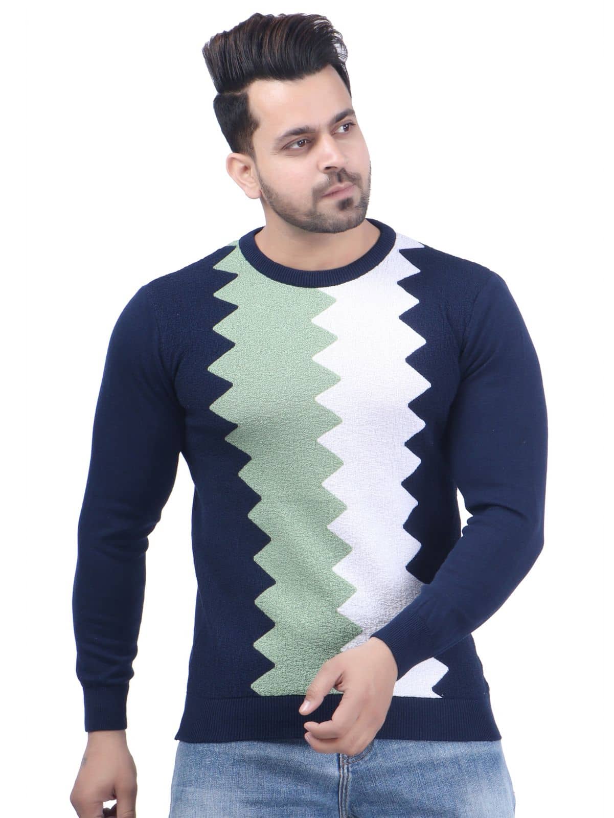 FEVERFEW Cotton Blend Round Neck Men's Full Sleeves Pullover Sweater - Navy Blue ( Pack of 1 )
