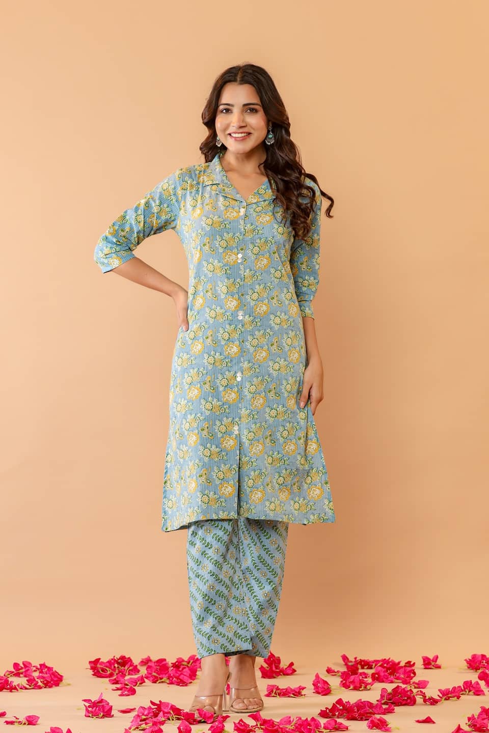 Flamboyant Cotton Blend Printed Kurti With Pants Women's Stitched Salwar Suit - Blue ( Pack of 1 )