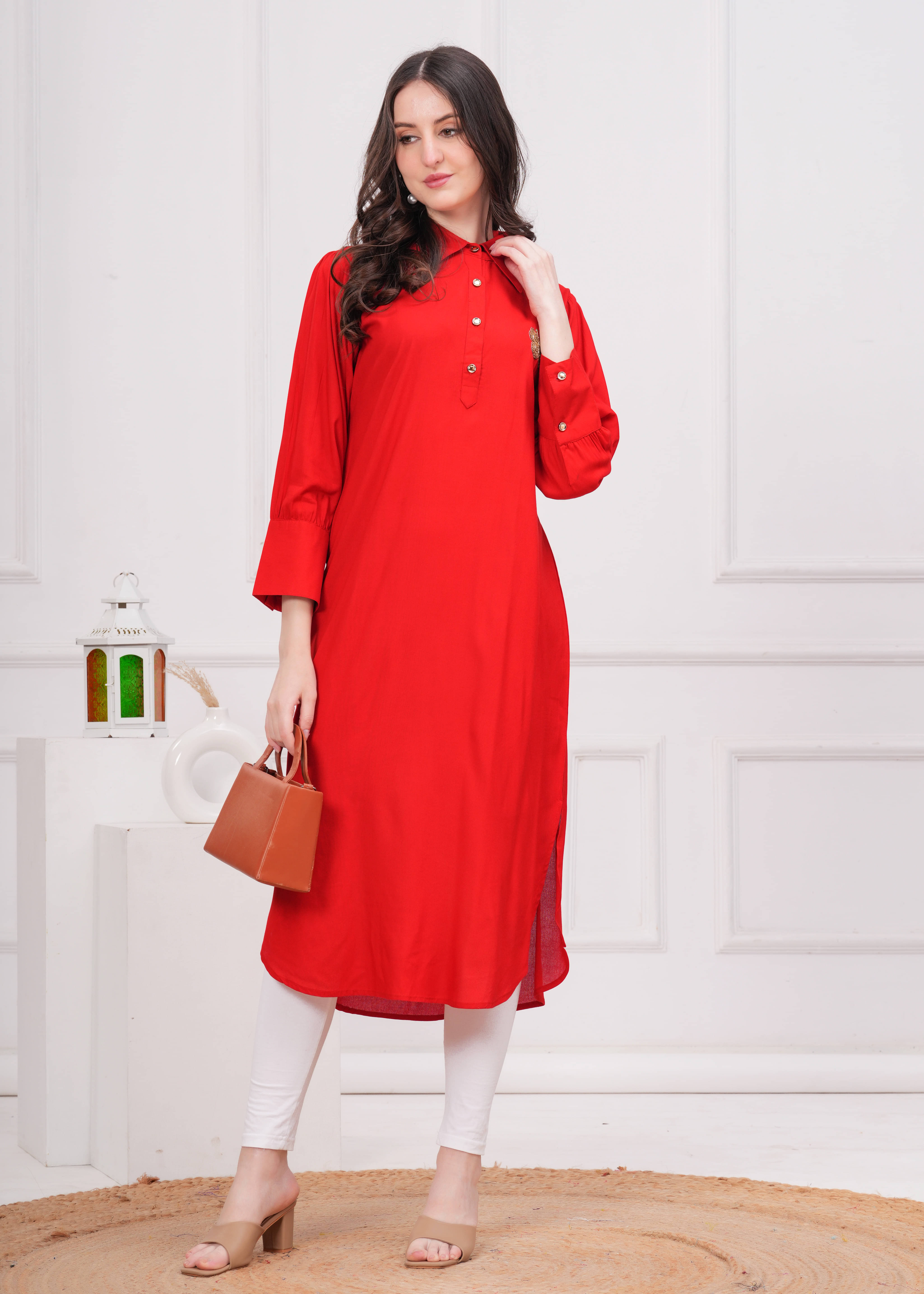 HIGHLIGHT FASHION EXPORT Pack of 1 Viscose Rayon Solid Straight Women's Kurti - ( Red ) HIGHLIGHT FASHION EXPORT Pack of 1 Viscose Rayon Solid Straight Women's Kurti - ( Red )