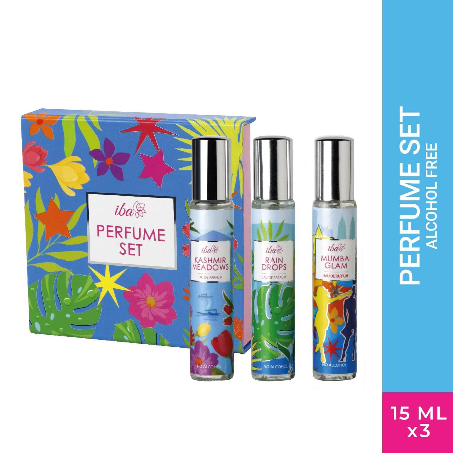 Iba Perfume Set Rain Drops, Kashmir Meadows, Mumbai Glam, 15 ml x 3 , Long Lasting for Women, (Pack of 1) Iba Perfume Set Rain Drops, Kashmir Meadows, Mumbai Glam, 15 ml x 3 , Long Lasting for Women, (Pack of 1)