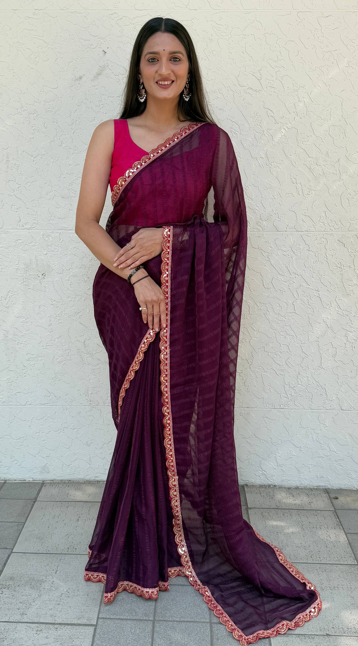 JULEE Chiffon Striped Saree With Unstitched Blouse Piece ( Wine ) JULEE Chiffon Striped Saree With Unstitched Blouse Piece ( Wine )