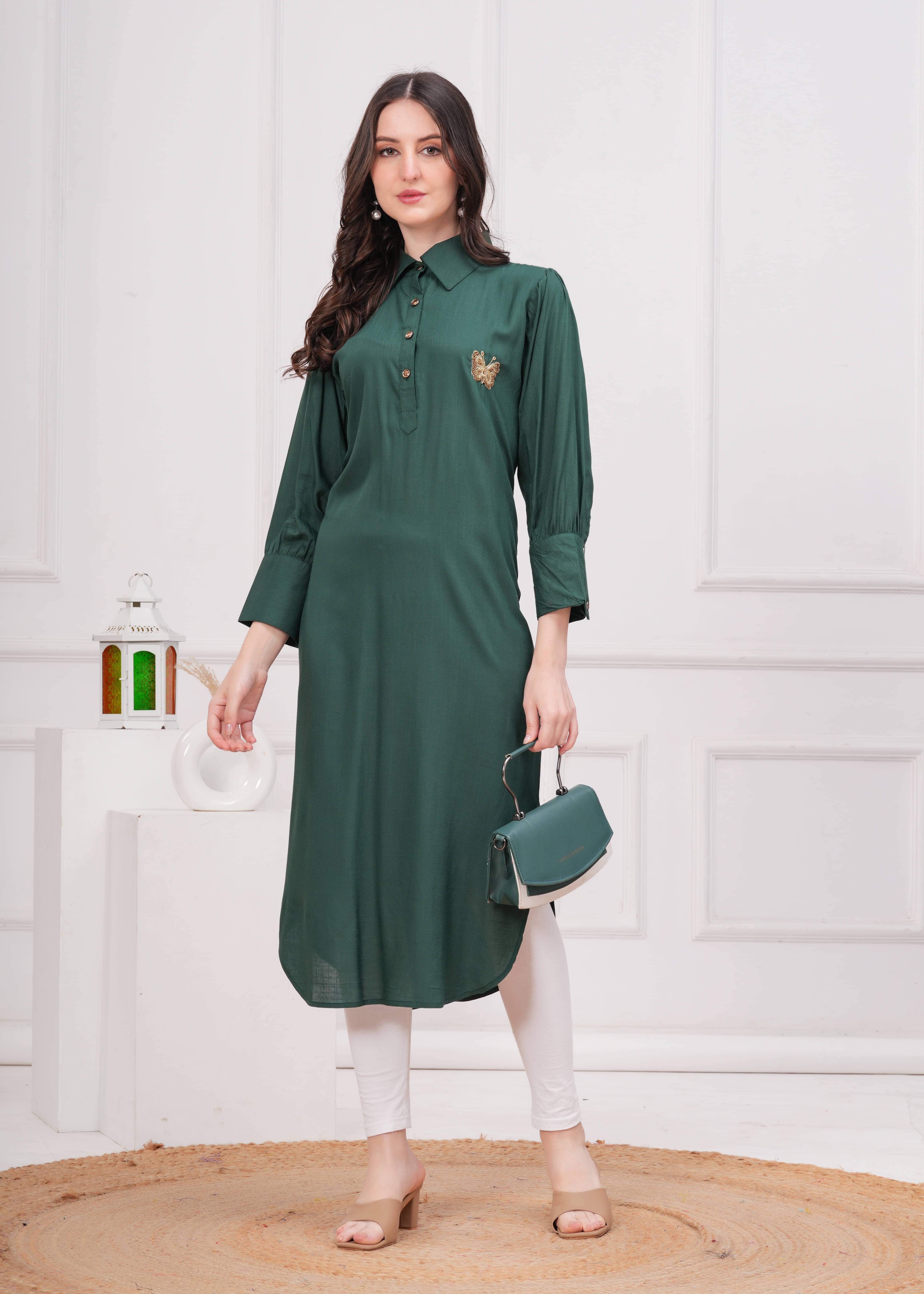 Jyoti Pack of 1 Viscose Rayon Solid Shirt Style Women's Kurti - ( Green )     			Jyoti Pack of 1 Viscose Rayon Solid Shirt Style Women's Kurti - ( Green )