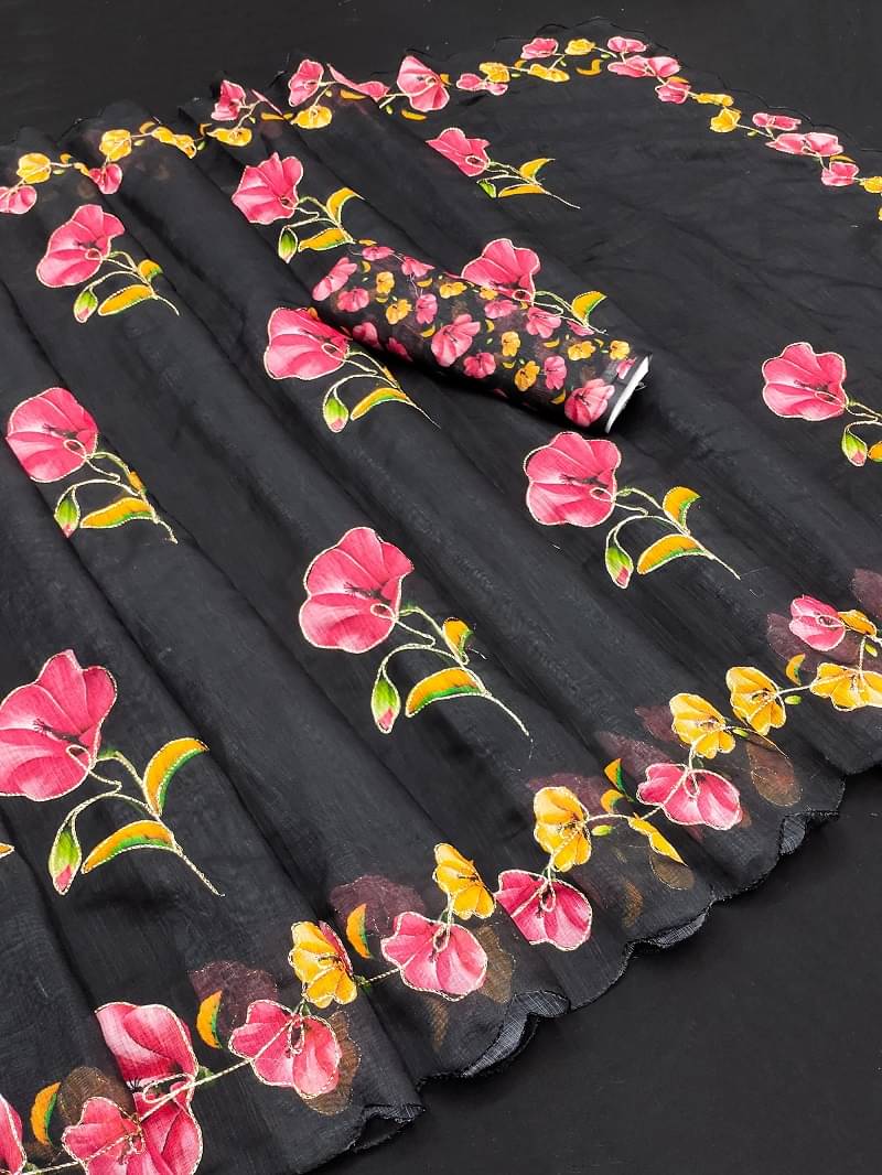 Kalpana Creation Linen Printed Saree With Unstitched Blouse Piece ( Black ) Kalpana Creation Linen Printed Saree With Unstitched Blouse Piece ( Black )