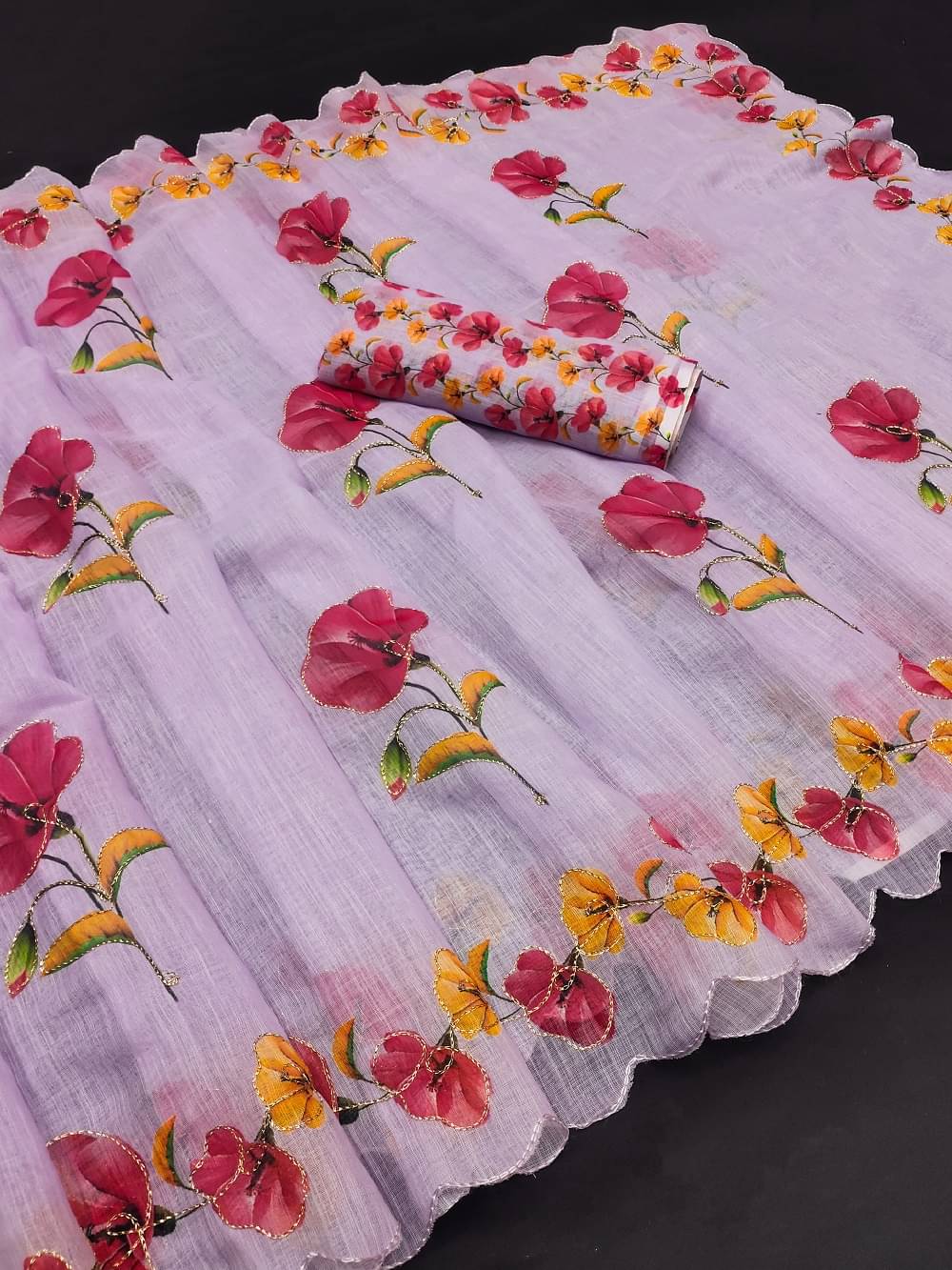 Kalpana Creation Linen Printed Saree With Unstitched Blouse Piece ( Lavender ) Kalpana Creation Linen Printed Saree With Unstitched Blouse Piece ( Lavender )