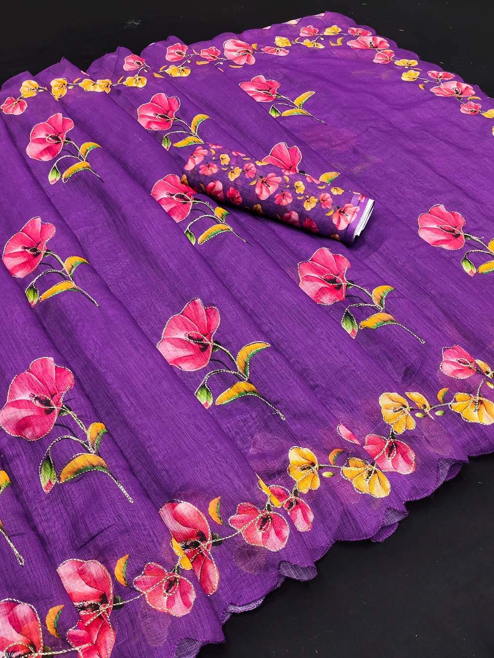     			Kalpana Creation Linen Printed Saree With Unstitched Blouse Piece ( Purple )