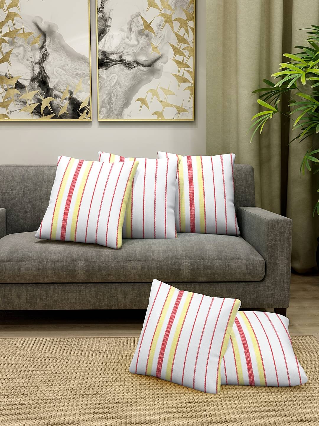 Klotthe Set of 5 Cotton Vertical Striped Square Cushion Cover (35X35)cm - Red Klotthe Set of 5 Cotton Vertical Striped Square Cushion Cover (35X35)cm - Red