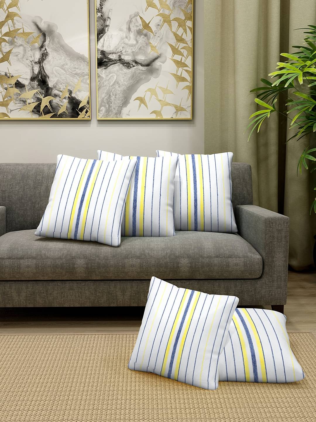 Klotthe Set of 5 Cotton Vertical Striped Square Cushion Cover (35X35)cm - Blue Klotthe Set of 5 Cotton Vertical Striped Square Cushion Cover (35X35)cm - Blue