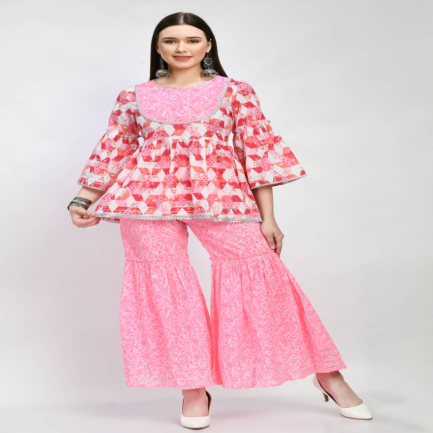     			Neel & Ned Cotton Printed Kurti With Sharara And Gharara Women's Stitched Salwar Suit - Pink ( Pack of 1 )