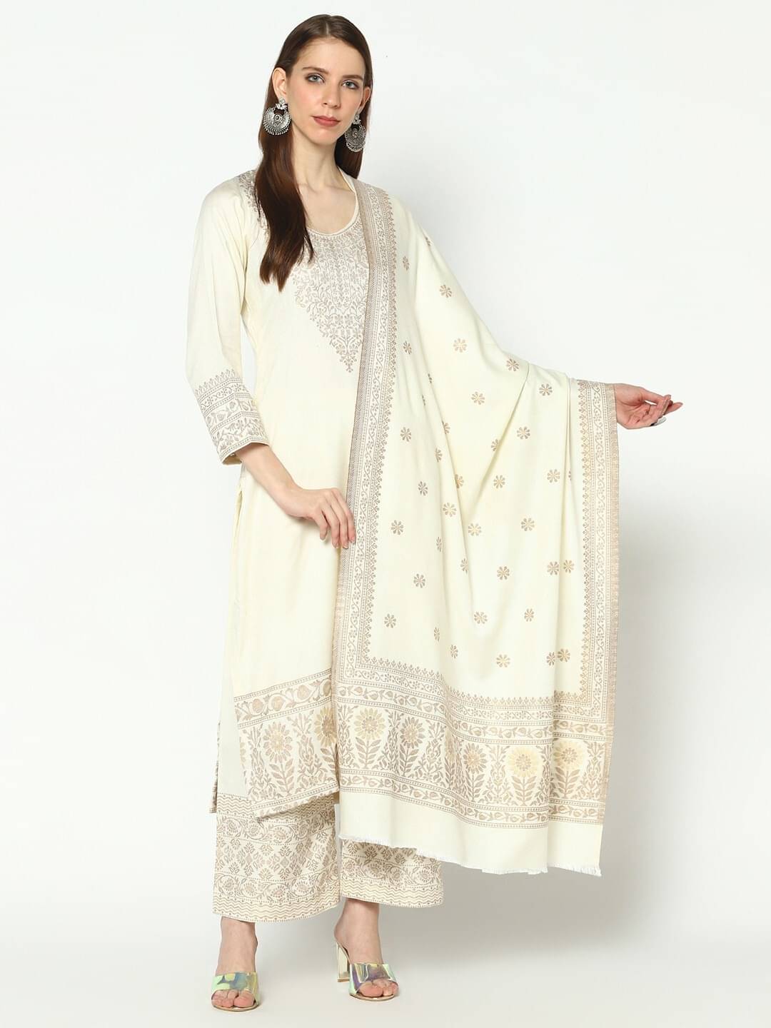     			SAFAA Unstitched Woollen Printed Dress Material - White ( Pack of 1 )