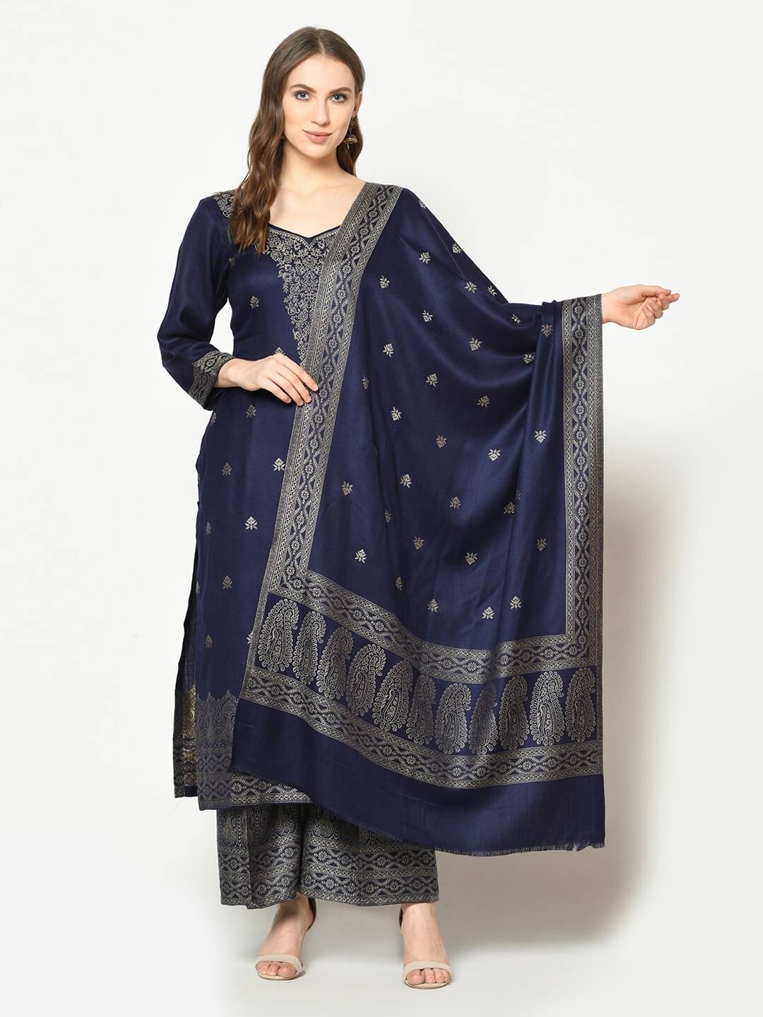     			SAFAA Unstitched Woollen Printed Dress Material - Dark Blue ( Pack of 1 )