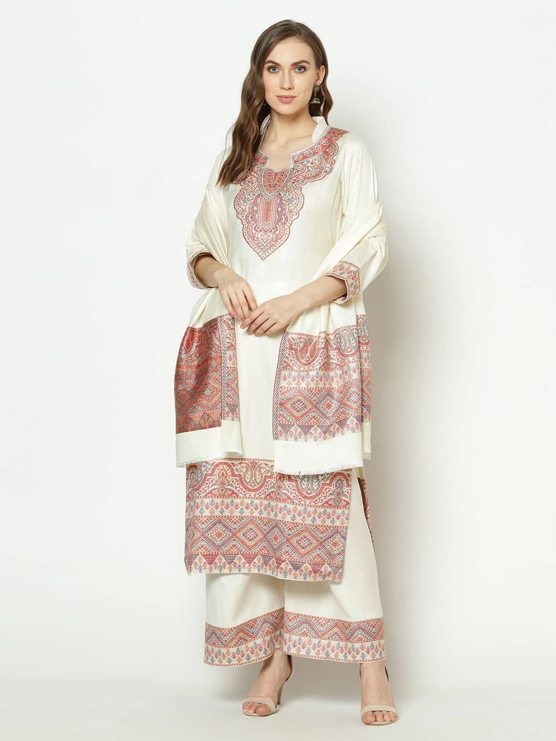 SAFAA Unstitched Woollen Printed Dress Material - White ( Pack of 1 ) - Unstitched Fabrics | Buy online on ZillyBuy