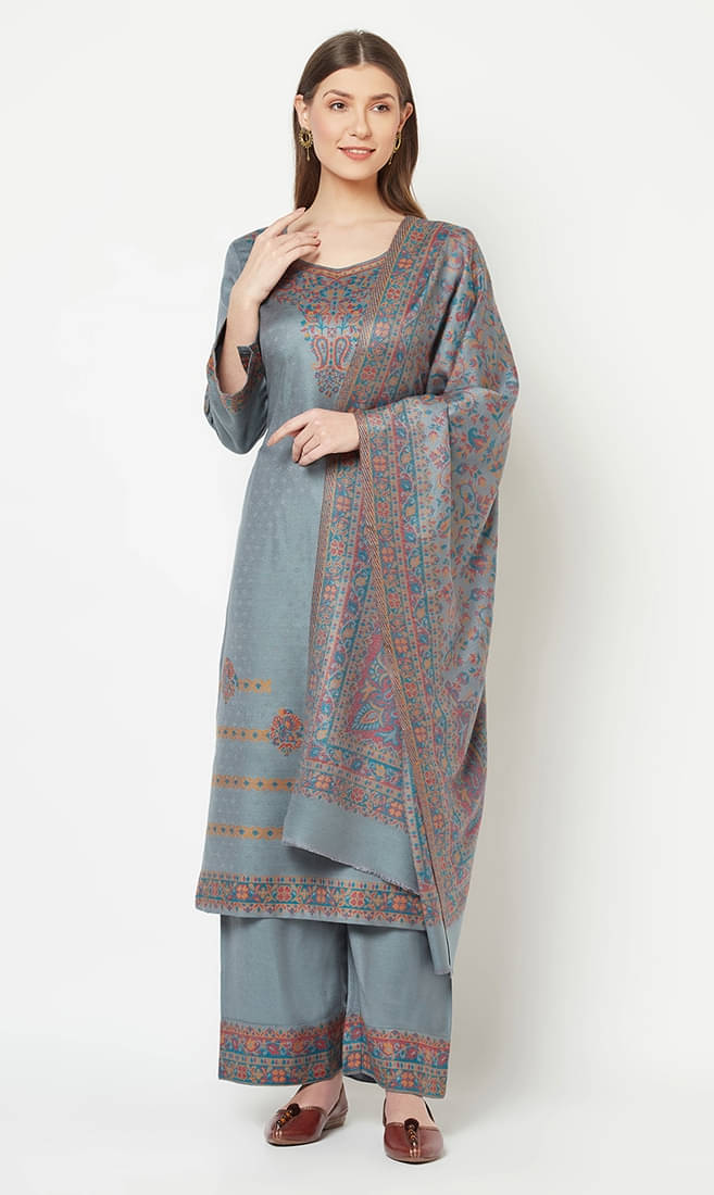    			SAFAA Unstitched Woollen Printed Dress Material - Grey ( Pack of 1 )