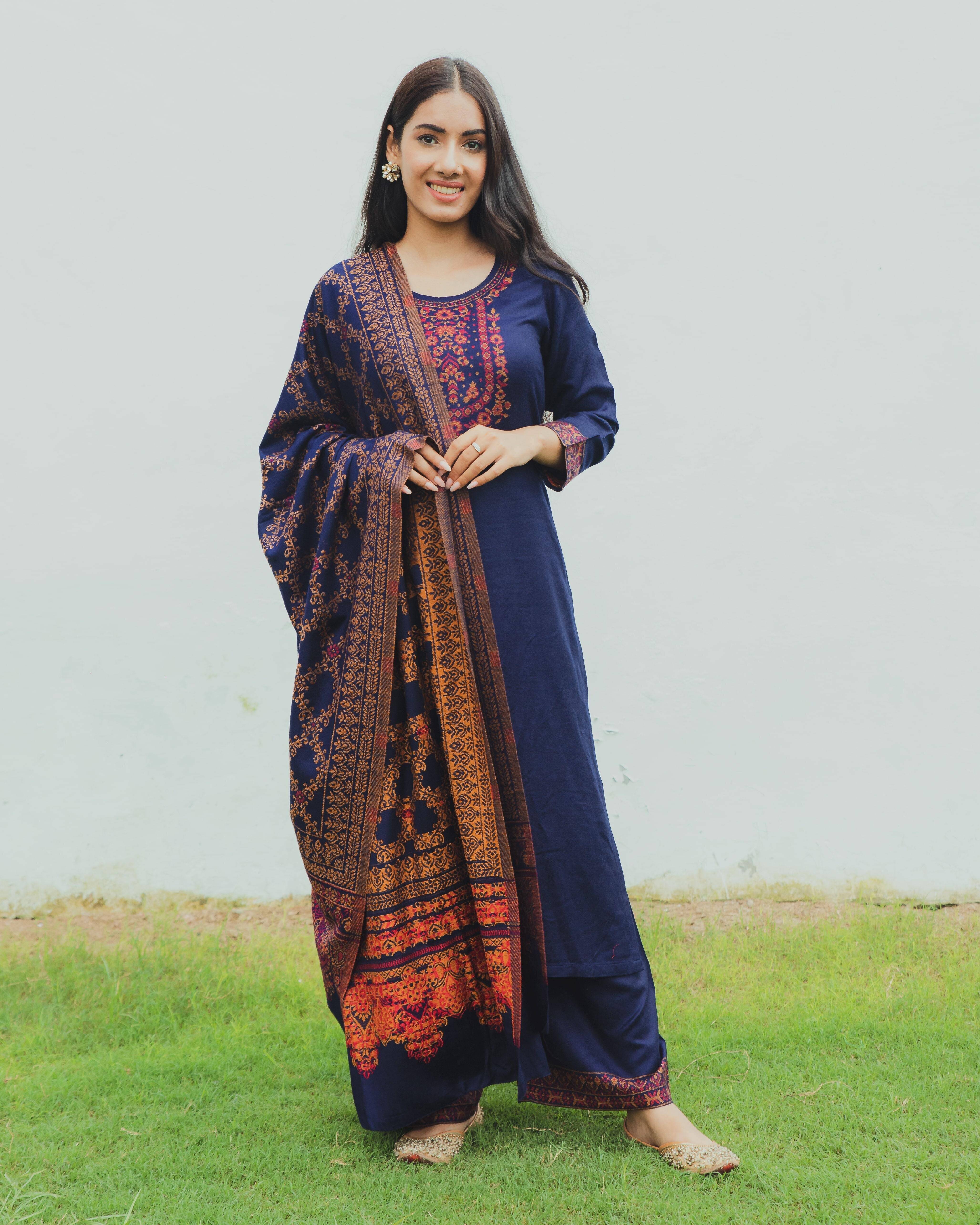     			SAFAA Unstitched Woollen Self Design Dress Material - Dark Blue ( Pack of 1 )